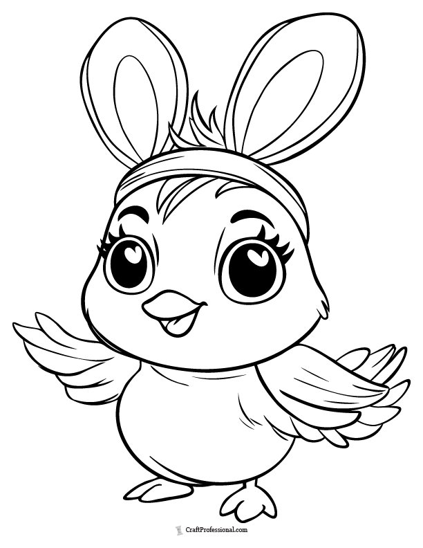 Cute chick wearing a bunny ears headband coloring page