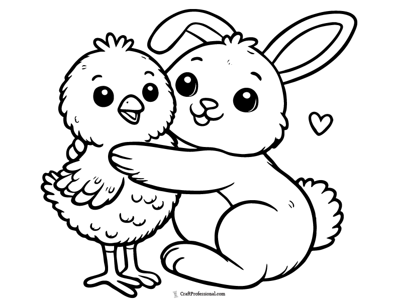Easter bunny and chick hugging coloring sheet