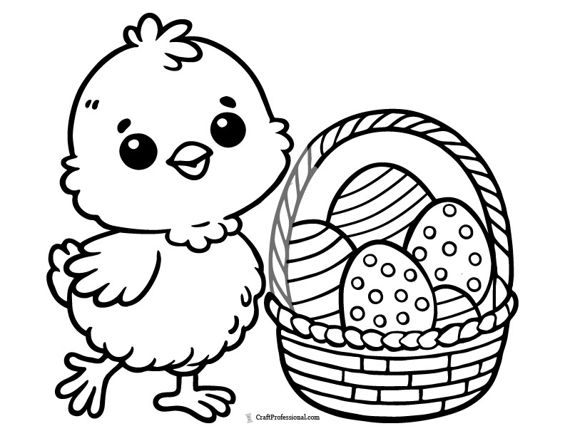 Chick with basket of Easter eggs coloring sheet