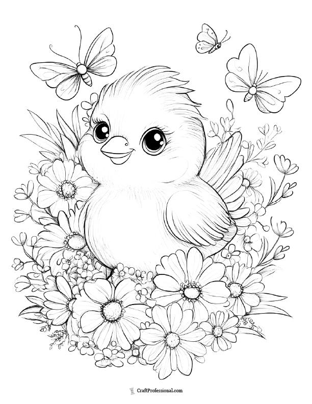 Baby chick among flowers and butterflies coloring page