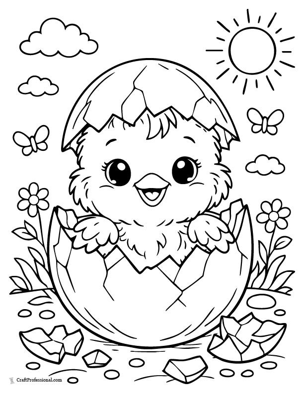 Cute baby chick hatching from Easter egg coloring page for kids.