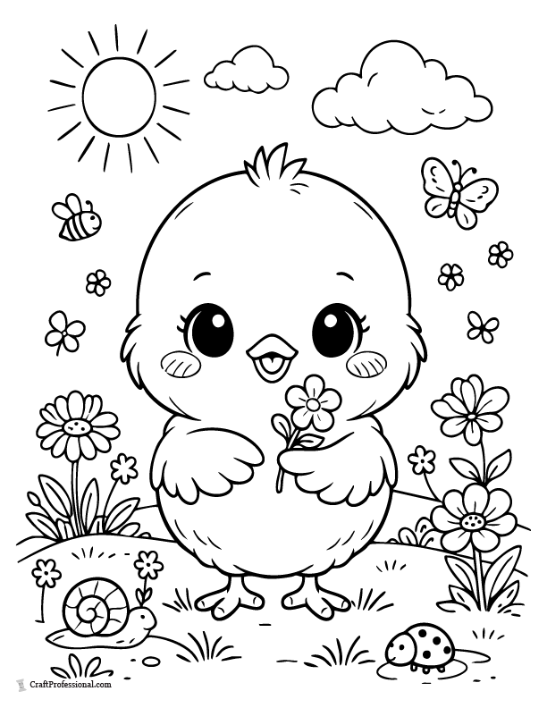Cute Easter chick holding small spring flower coloring page.