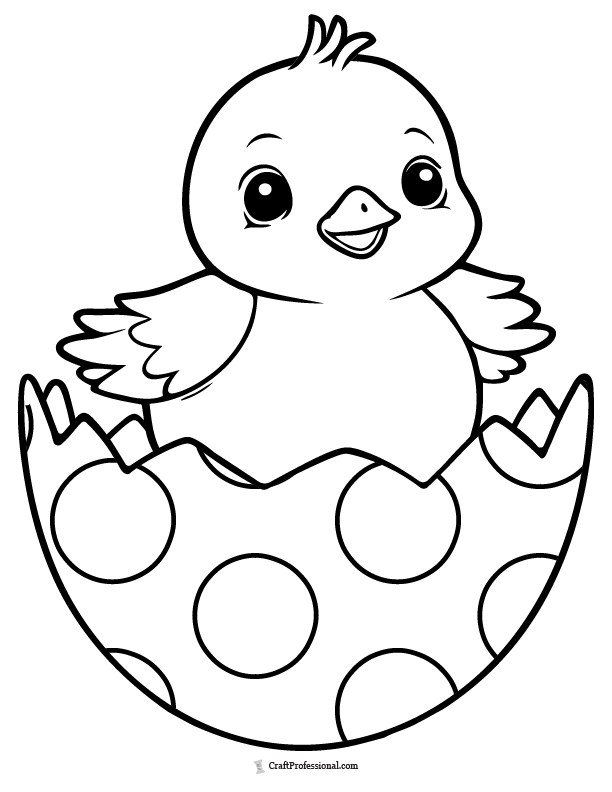 A baby chick popping out of an Easter egg, coloring page.