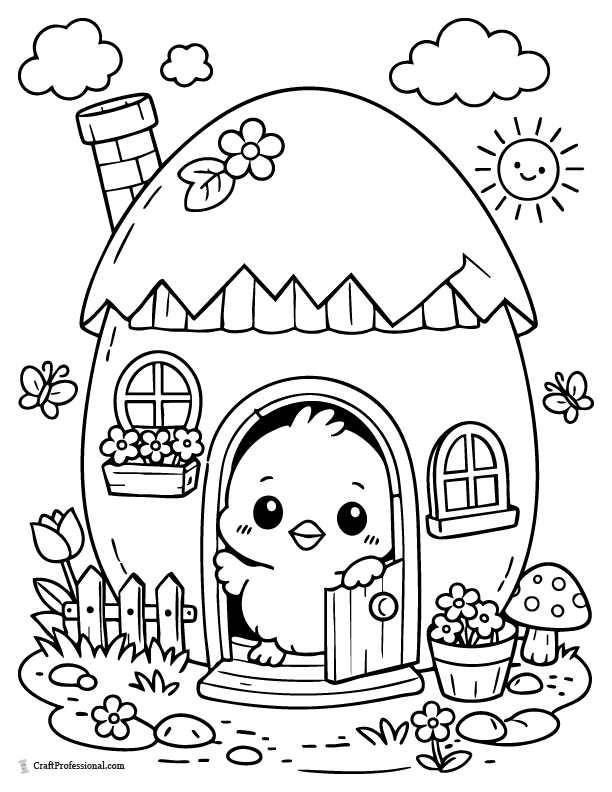 Cute chick inside decorated Easter egg house coloring page printable.