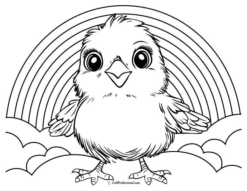 Chick standing in front of rainbow and clouds coloring page