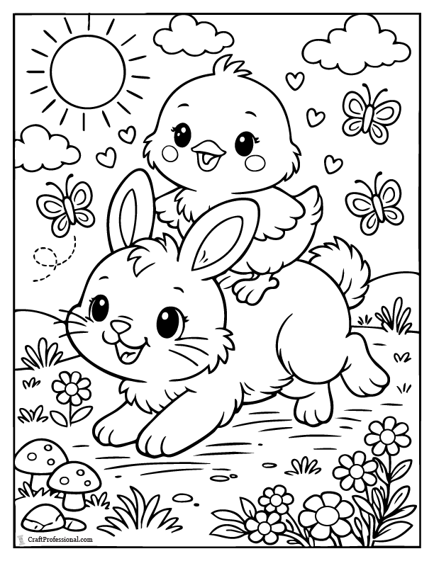 Playful chick riding on bunny Easter coloring page for kids.