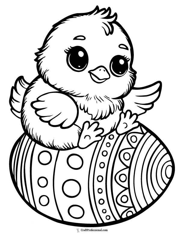 Baby chicken sitting on an Easter egg coloring page