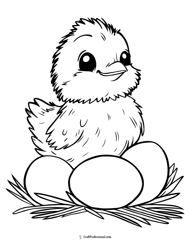 Chick sitting on eggs in a nest coloring page