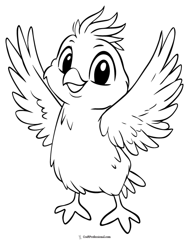 Cartoon chick with wings spread coloring page