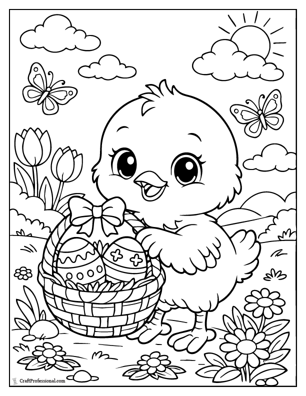 Cute chick with small Easter basket and eggs coloring page.