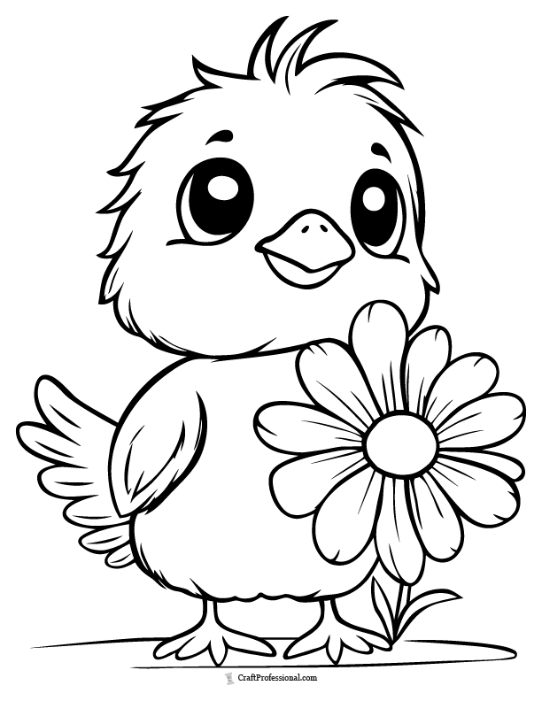 Chick standing beside a daisy, simple coloring page
