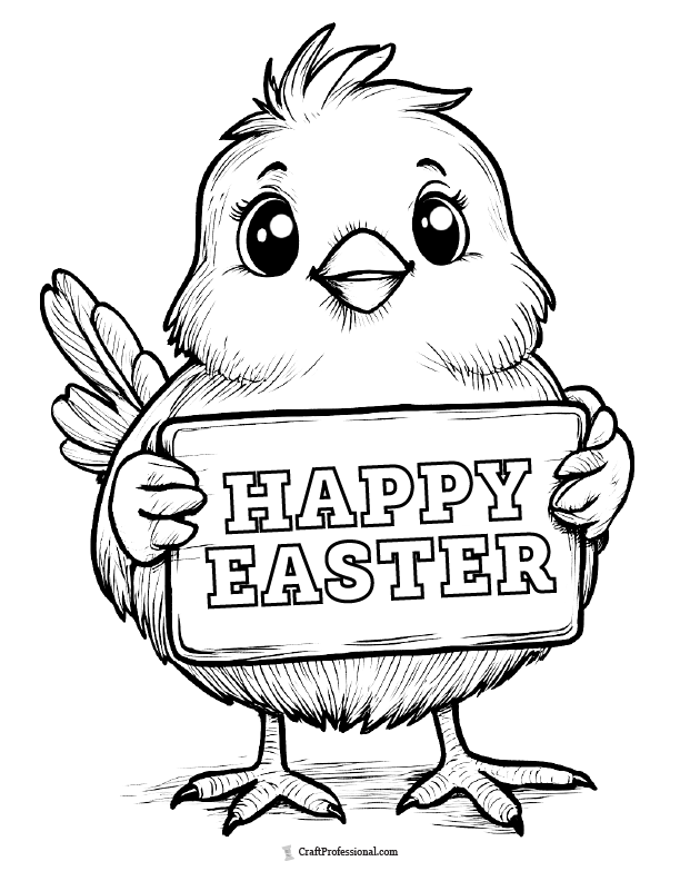 Chick holding happy Easter sign coloring sheet