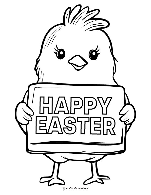 Cute chick holding happy easter sign coloring page