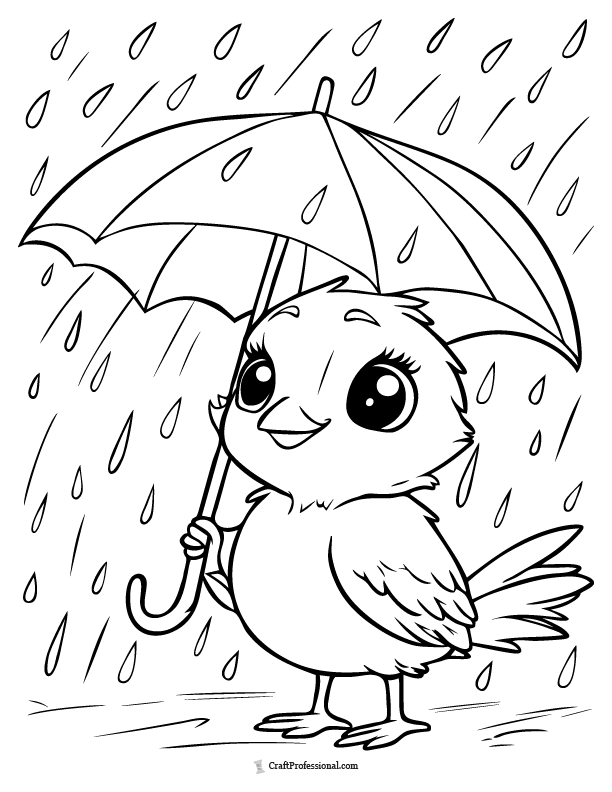 Cute chick holding an umbrella in the rain coloring sheet
