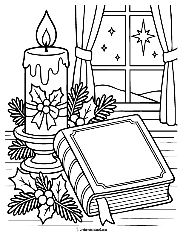 Christian Christmas candle and open Bible coloring page.