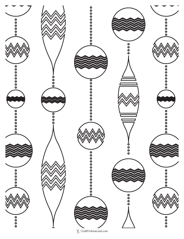 Detailed pattern of vintage Christmas ornaments coloring page.