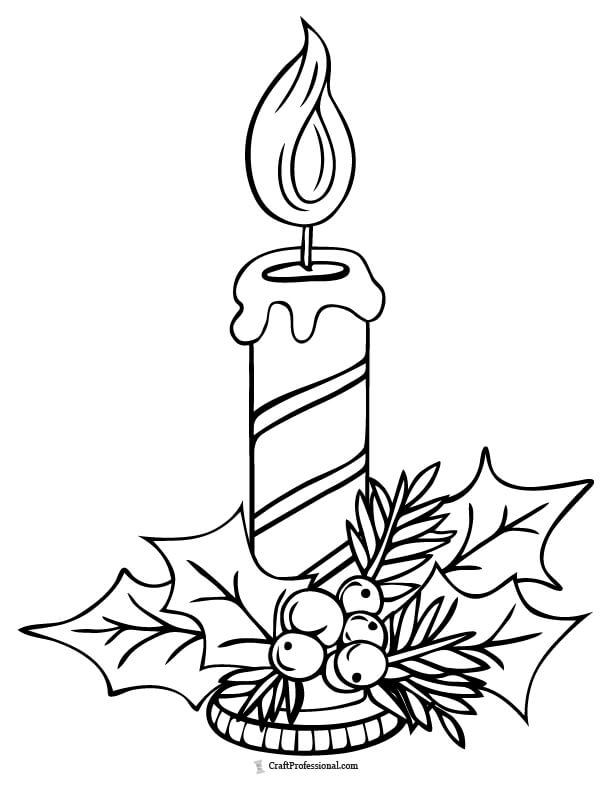 Striped Christmas candle amid holly leaves coloring page