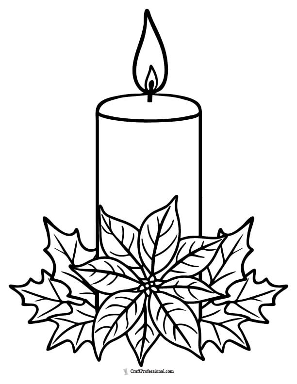 Pillar candle amid poinsettia flowers coloring page