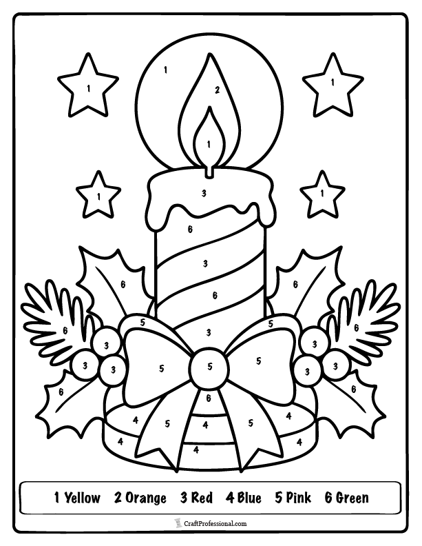 Christmas candle color-by-number coloring page for kids.
