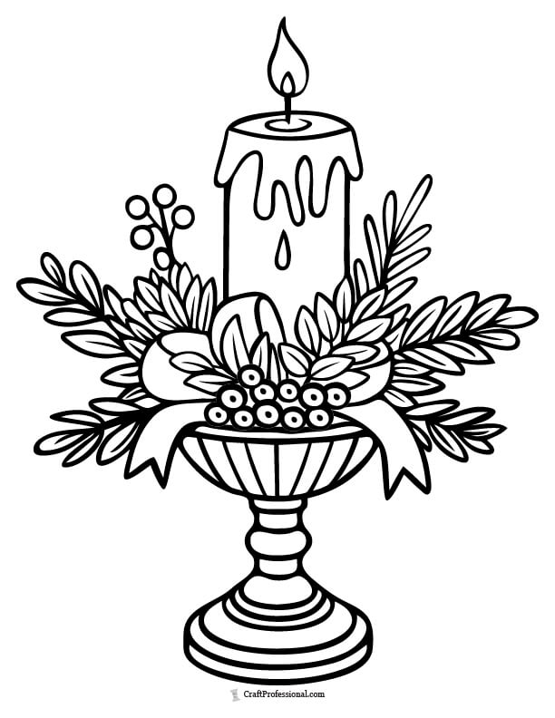 Pillar candle in an urn with an arrangement of holiday greenery coloring page