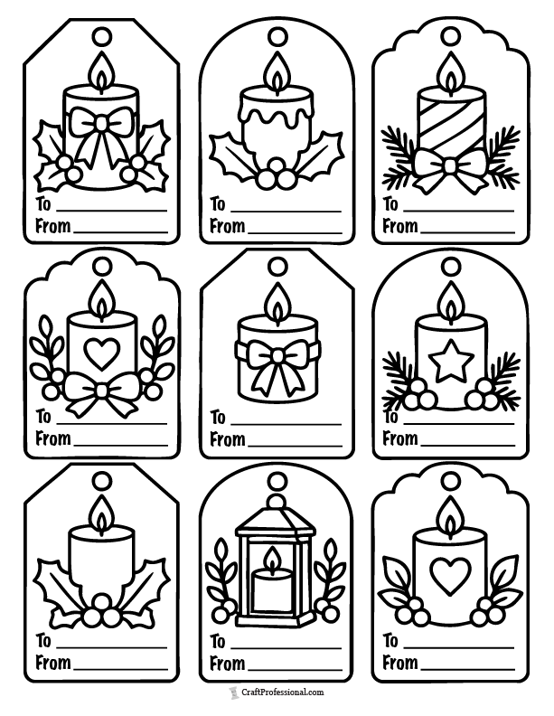 Printable Christmas candle gift tags to color.