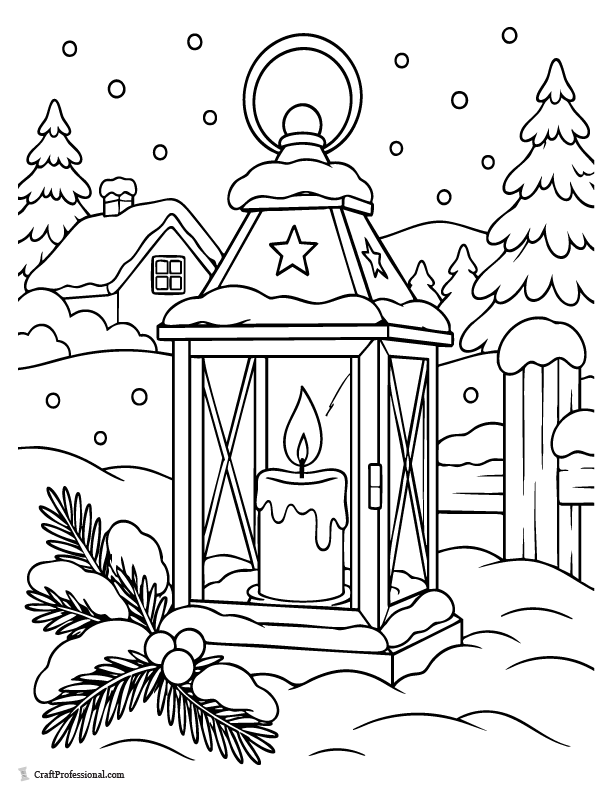 Christmas candle lantern in the snow coloring page.
