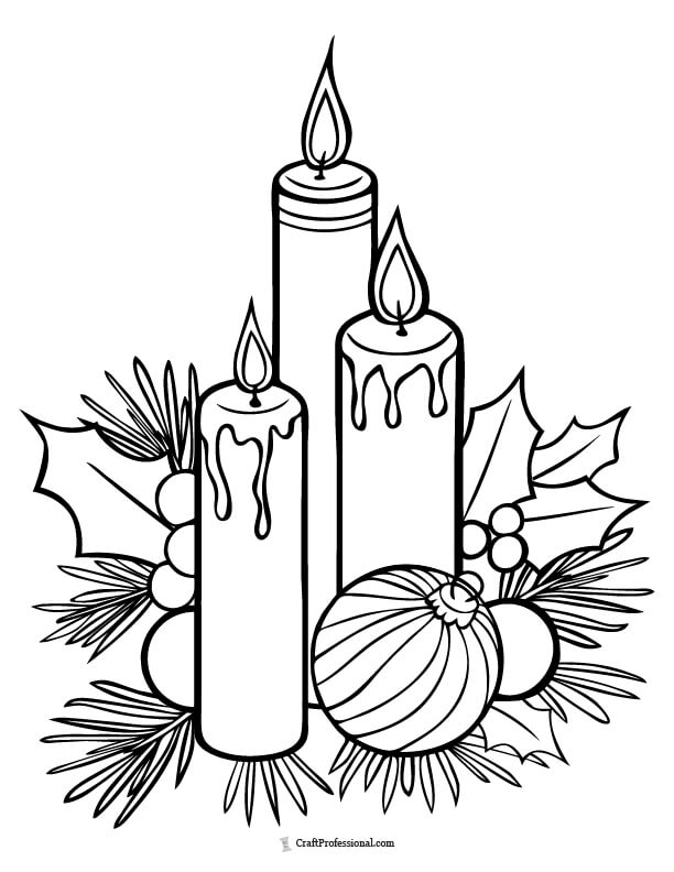 Candles amid greenery and Christmas ornaments coloring page
