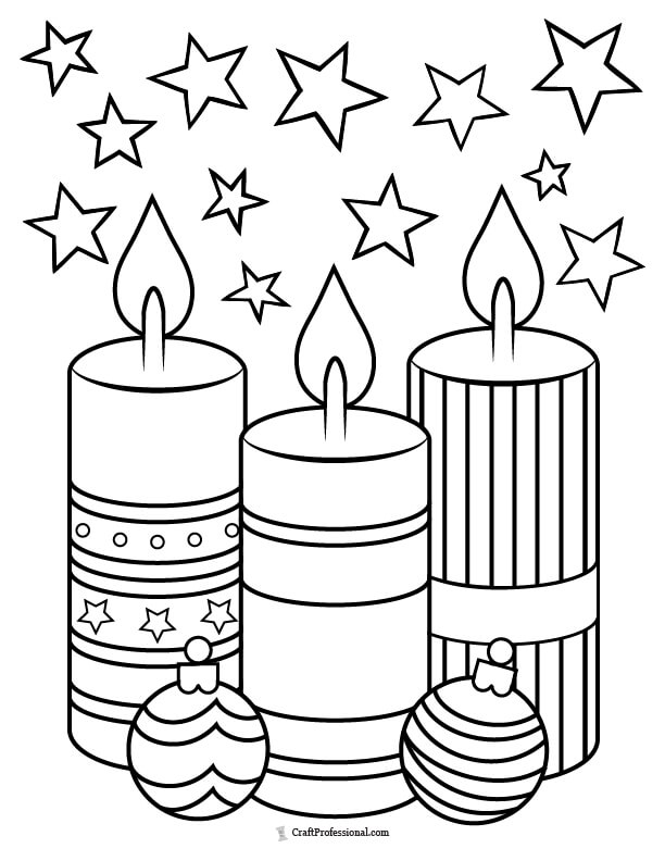 Three patterned pillar candles with stars coloring page