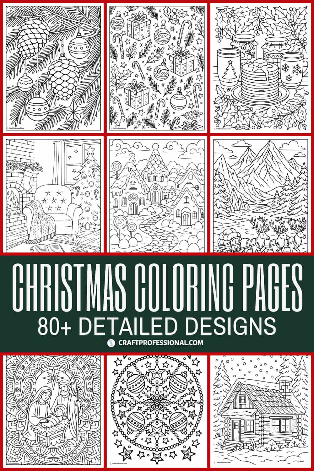 Collage of adult Christmas coloring pages—ornaments, trees, mandalas, lights, candles, and winter scenes—printable PDF designs; text overlay reads “Christmas Coloring Pages, 80+ detailed designs.”