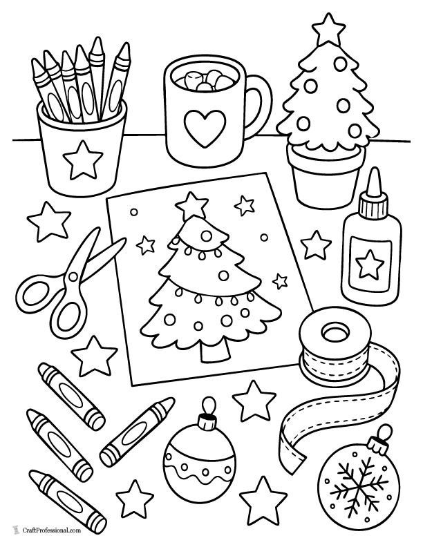 Christmas craft table coloring page with crayons, paper, ornaments, ribbon, and holiday craft supplies.