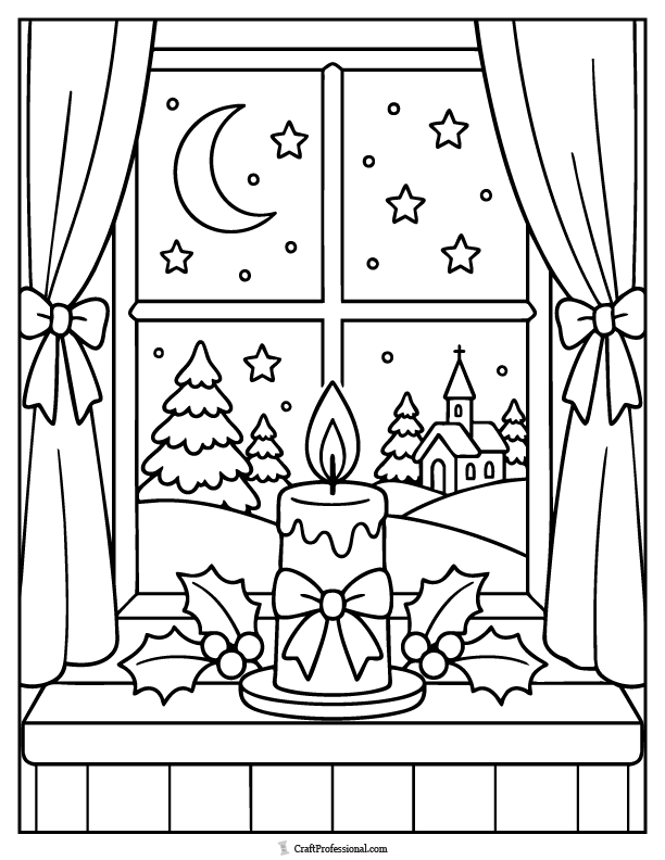 Christmas Eve candle glowing in a snowy window coloring page.