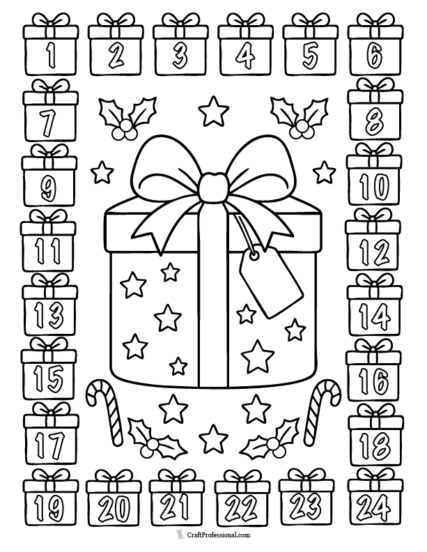 Christmas advent countdown coloring page with numbered gifts to color each day.