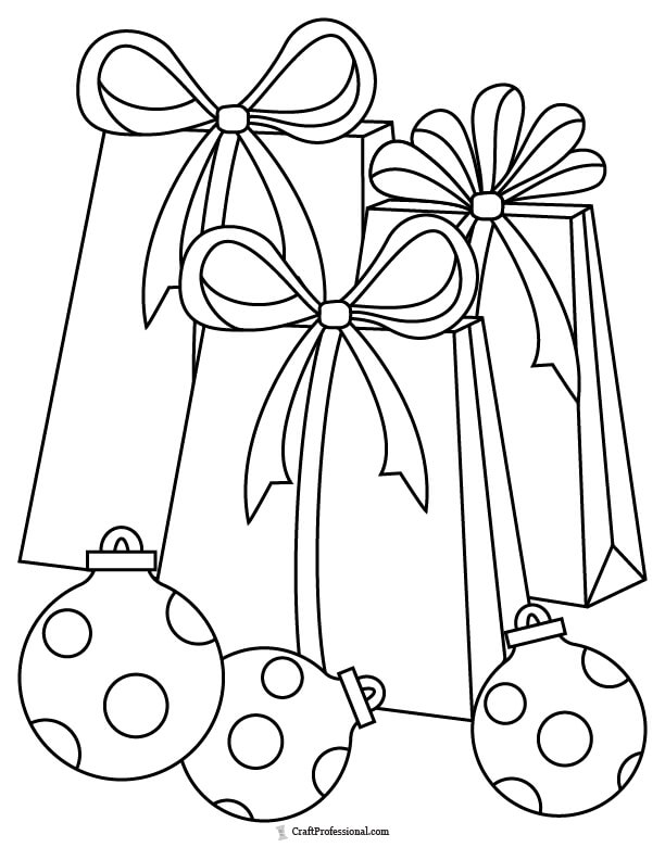 Gift bags surrounded by Christmas ornaments coloring page