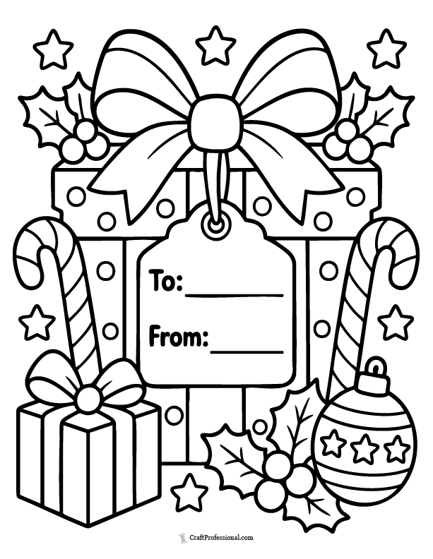 Christmas gift coloring page with large To and From spaces for personalization.