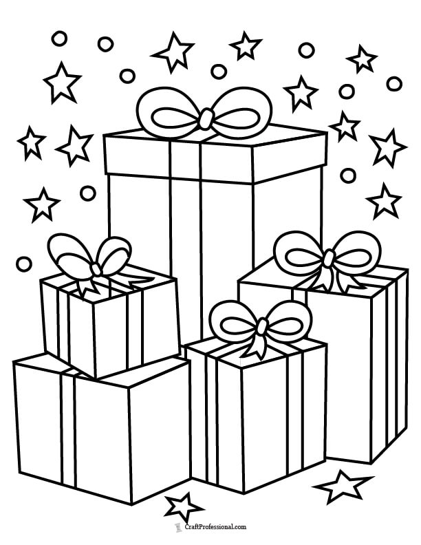 Holiday presents surrounded by stars coloring page