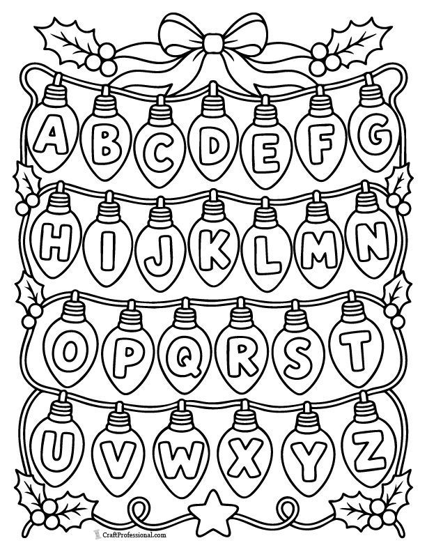 Christmas light alphabet coloring page with letters inside holiday bulbs.
