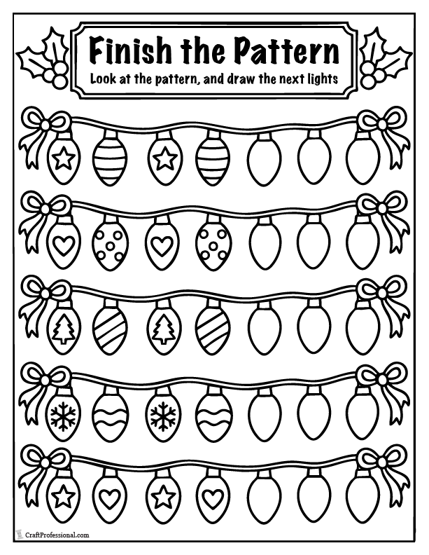 Christmas light pattern worksheet with colored bulb sequences to complete.