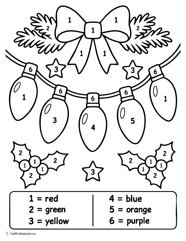Christmas lights color-by-number coloring page with numbered holiday light bulbs.