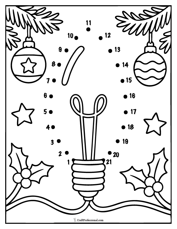 Christmas lights connect-the-dots activity and coloring page for kids.