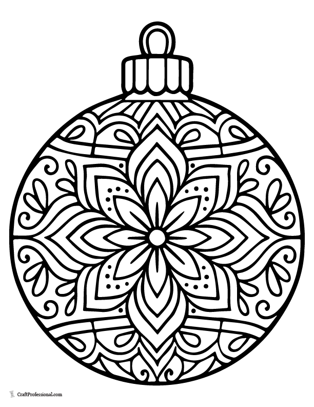 Intricate mandala Christmas ornament coloring page—round bauble with fine geometric and floral details, coloring page.