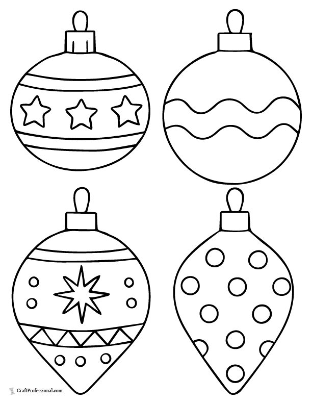 Patterned cut and color Christmas ornaments, four per page, coloring page.