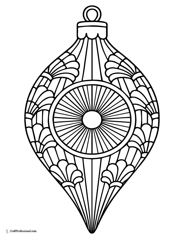 Art Deco-style teardrop ornament with sunburst, coloring page.