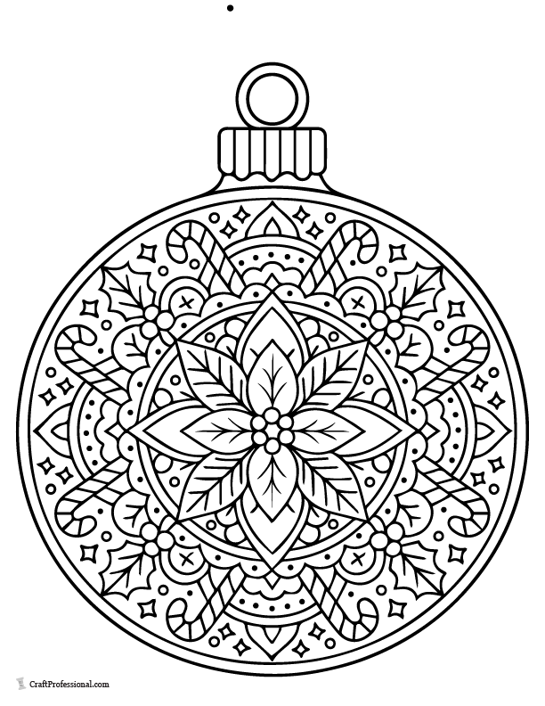 Christmas ornament with a mandala-style pattern, coloring page.