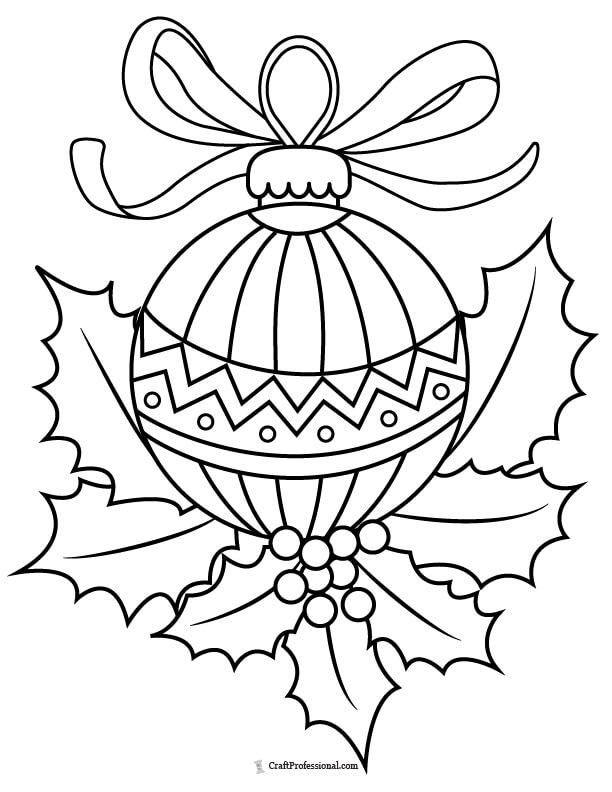 Christmas ornament with holly leaves coloring page