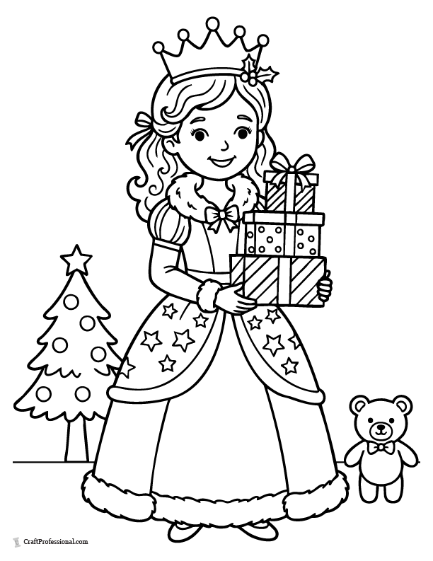 Christmas princess coloring page with gifts