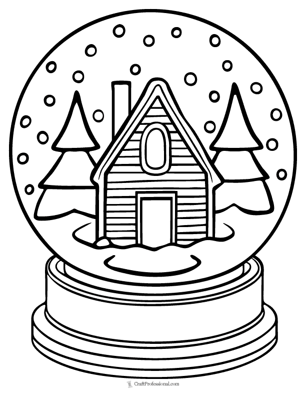 Coloring page: Winter house and evergreen trees inside a snow globe