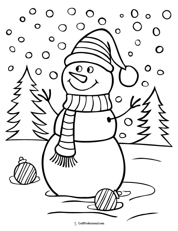 Snowman surrounded by snow and evergreen trees coloring page