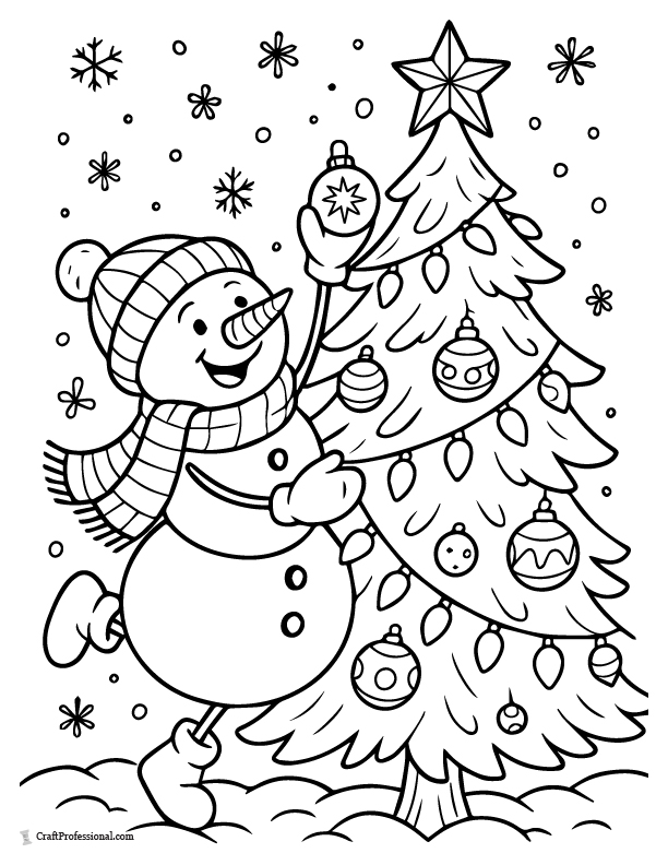 Snowman decorating a Christmas tree, coloring page.
