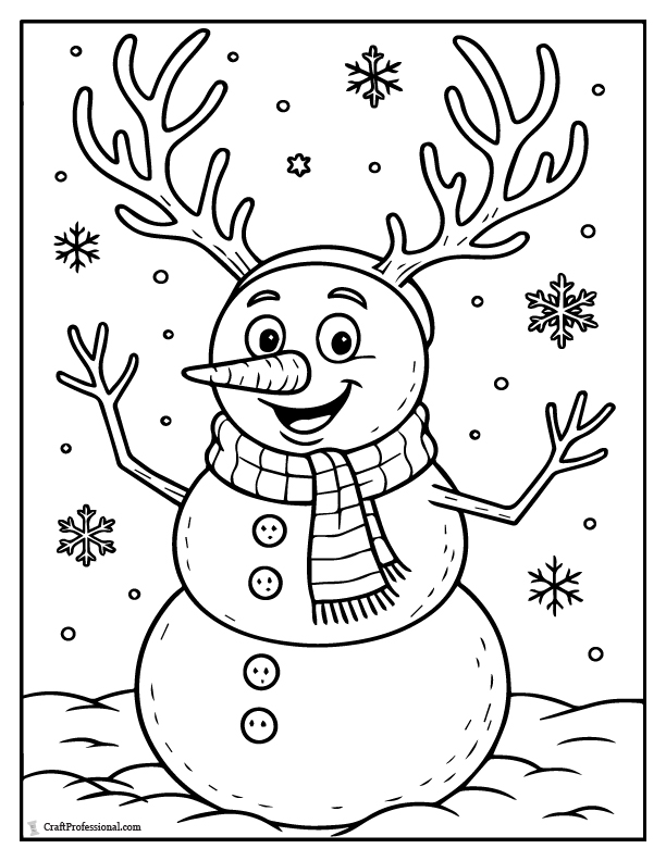 Snowman with reindeer antlers, funny coloring page.