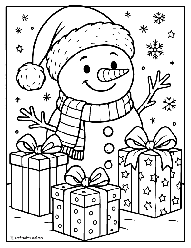 Snowman with Santa hat and gifts, coloring pages.